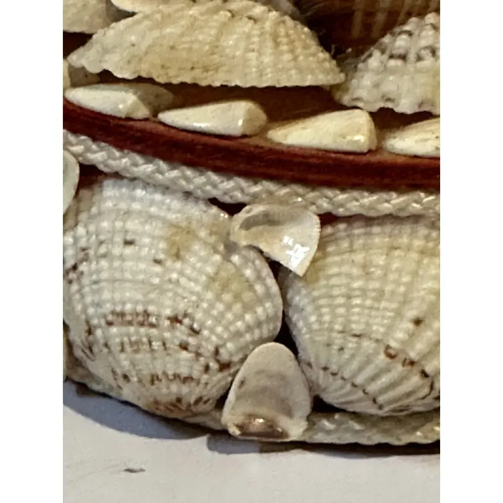 Vintage Seashell Round Trinket Box Red Lined Boho Beach Decore Small Flaws